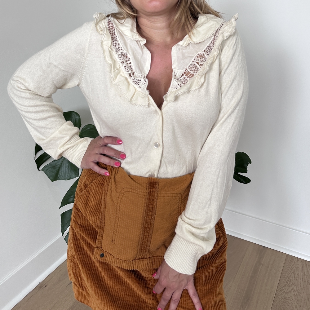 Isabella Sinclair Cream Lace Ruffle Cardigan Romantic Boho Chic Victorian Collar